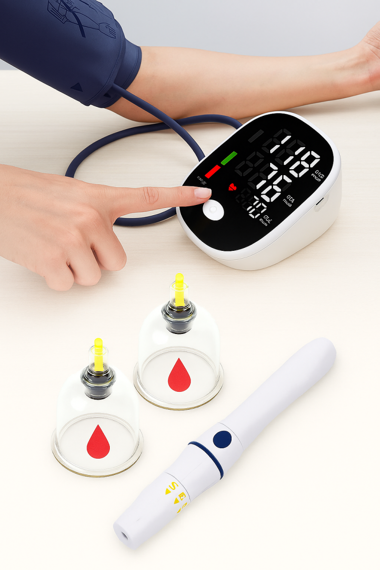 Modern wet cupping using a safe lancing device, with suction cups and blood monitor