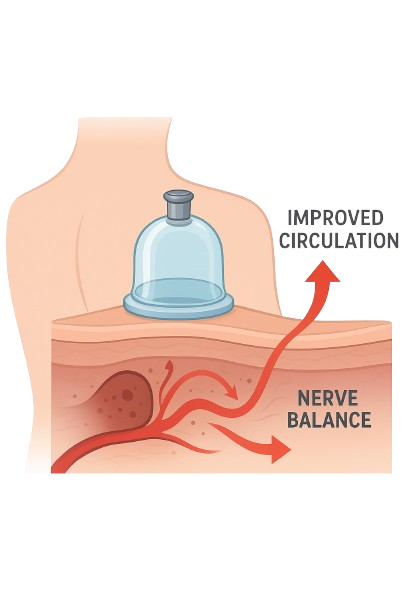 Semi-realistic medical illustration showing human upper back cross-section with dermal layer, transparent modern suction cups for wet cupping, arrows showing fresh blood circulation (bright red) replacing stagnant dark blood
